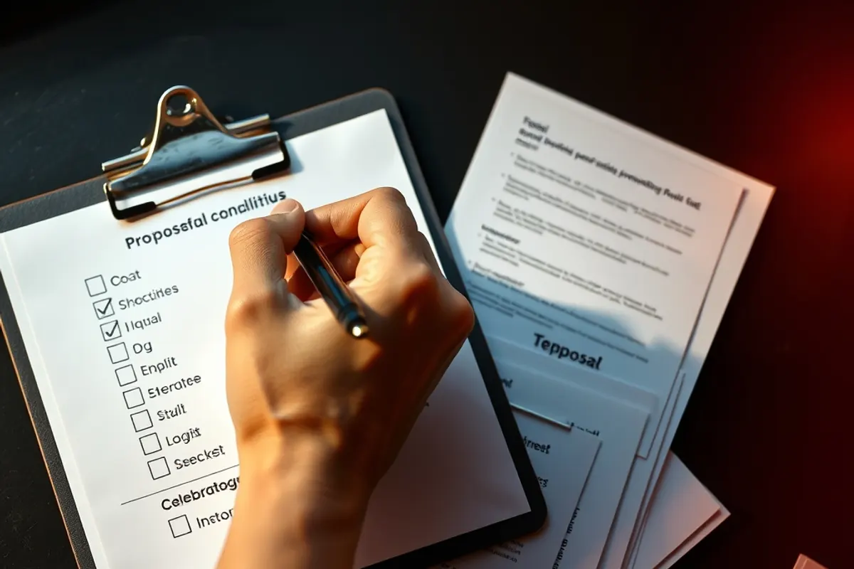 Hand ticking boxes on a printed checklist beside fanned proposal documents