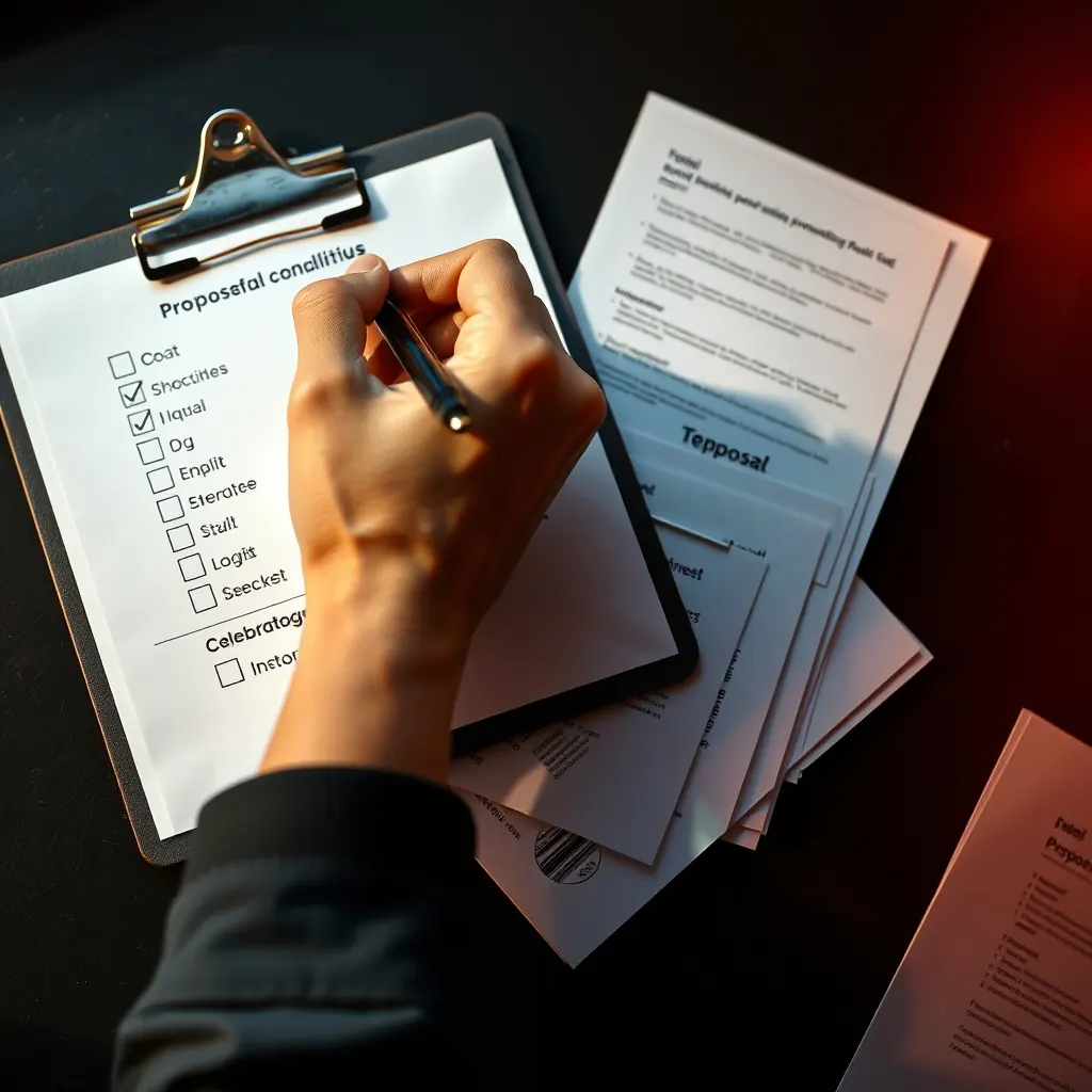 Hand ticking boxes on a printed checklist beside fanned proposal documents