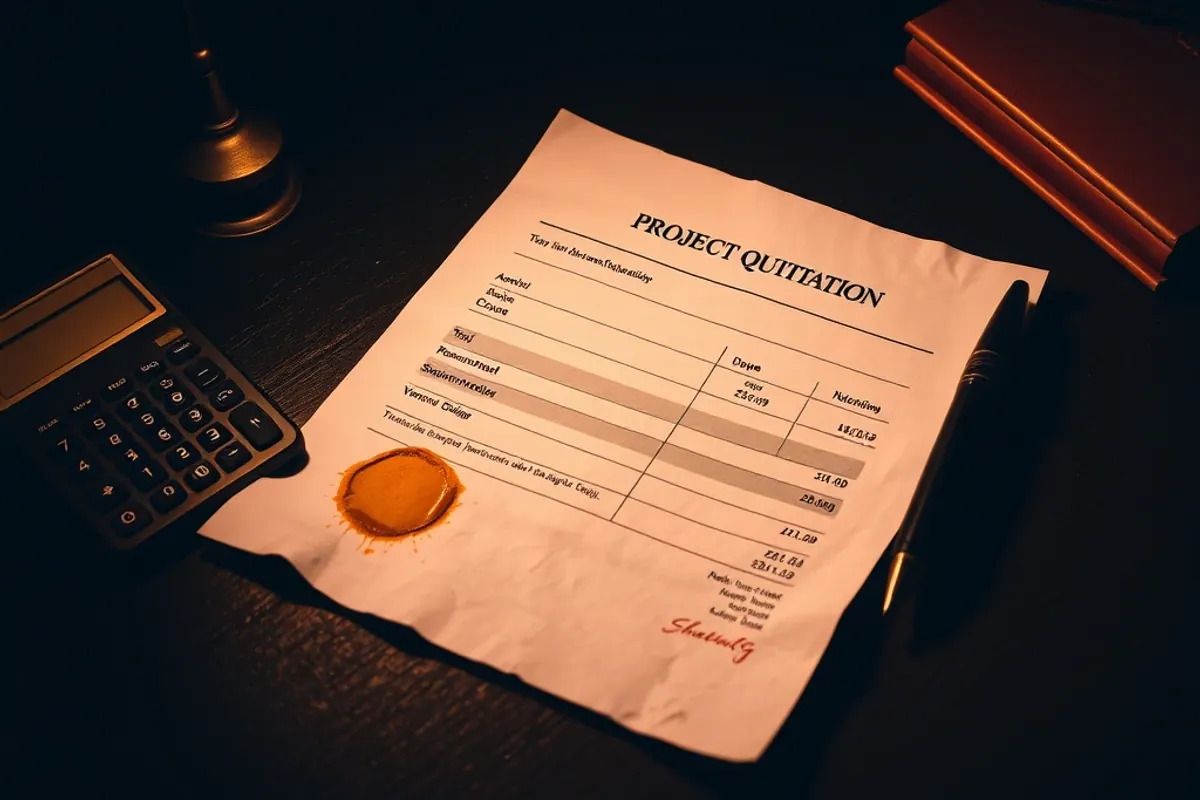 Printed project quotation on a dark desk beside a brass calculator and a fountain pen