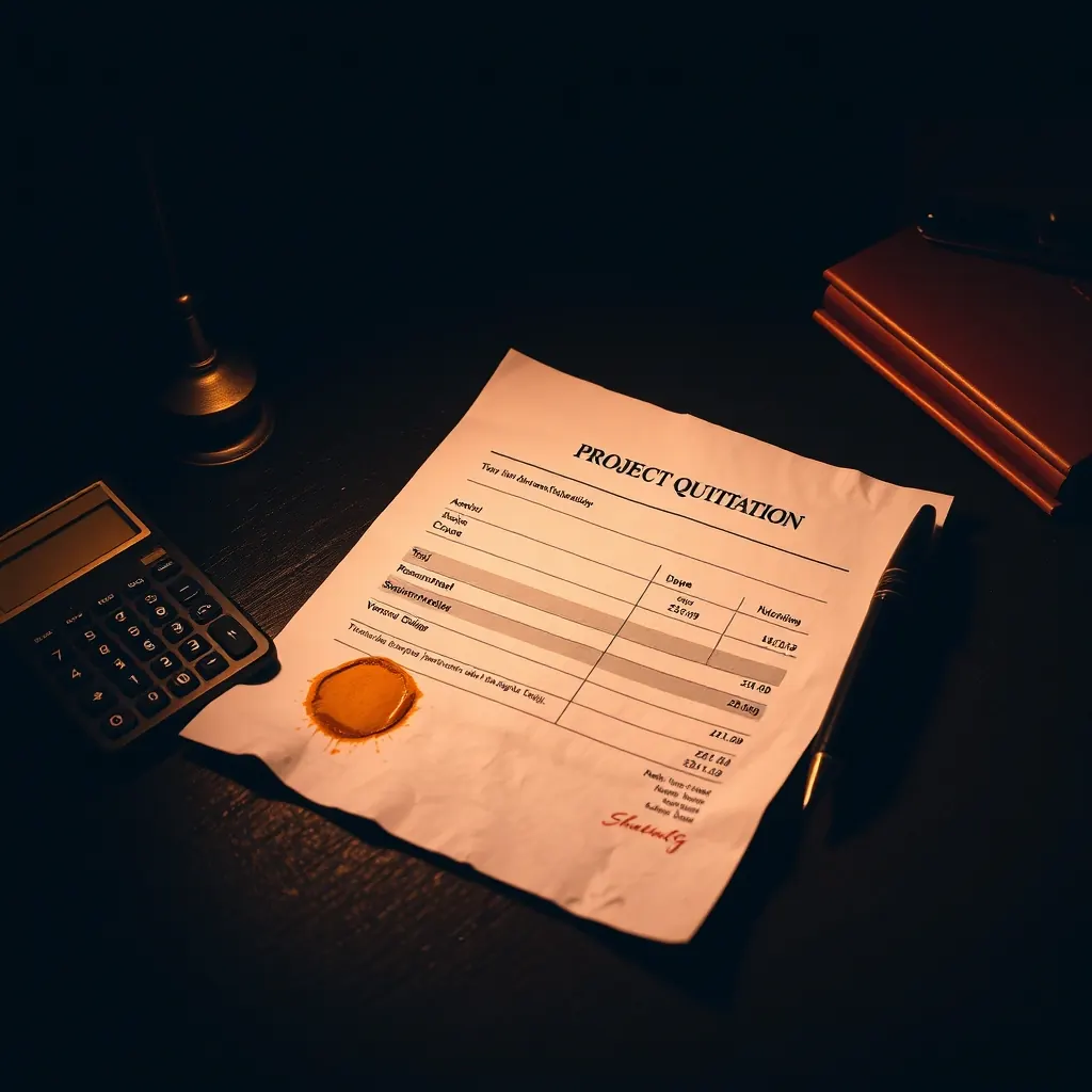 Printed project quotation on a dark desk beside a brass calculator and a fountain pen