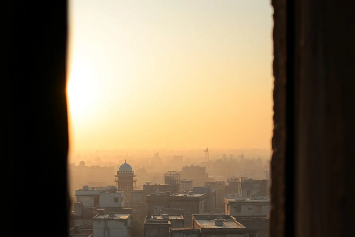 Ahmedabad rooftops at golden hour seen through a window frame