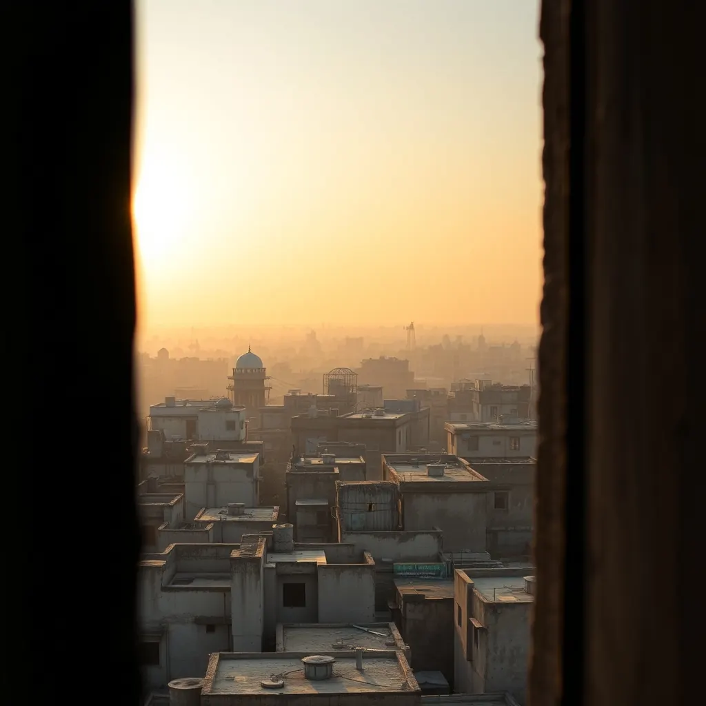Ahmedabad rooftops at golden hour seen through a window frame
