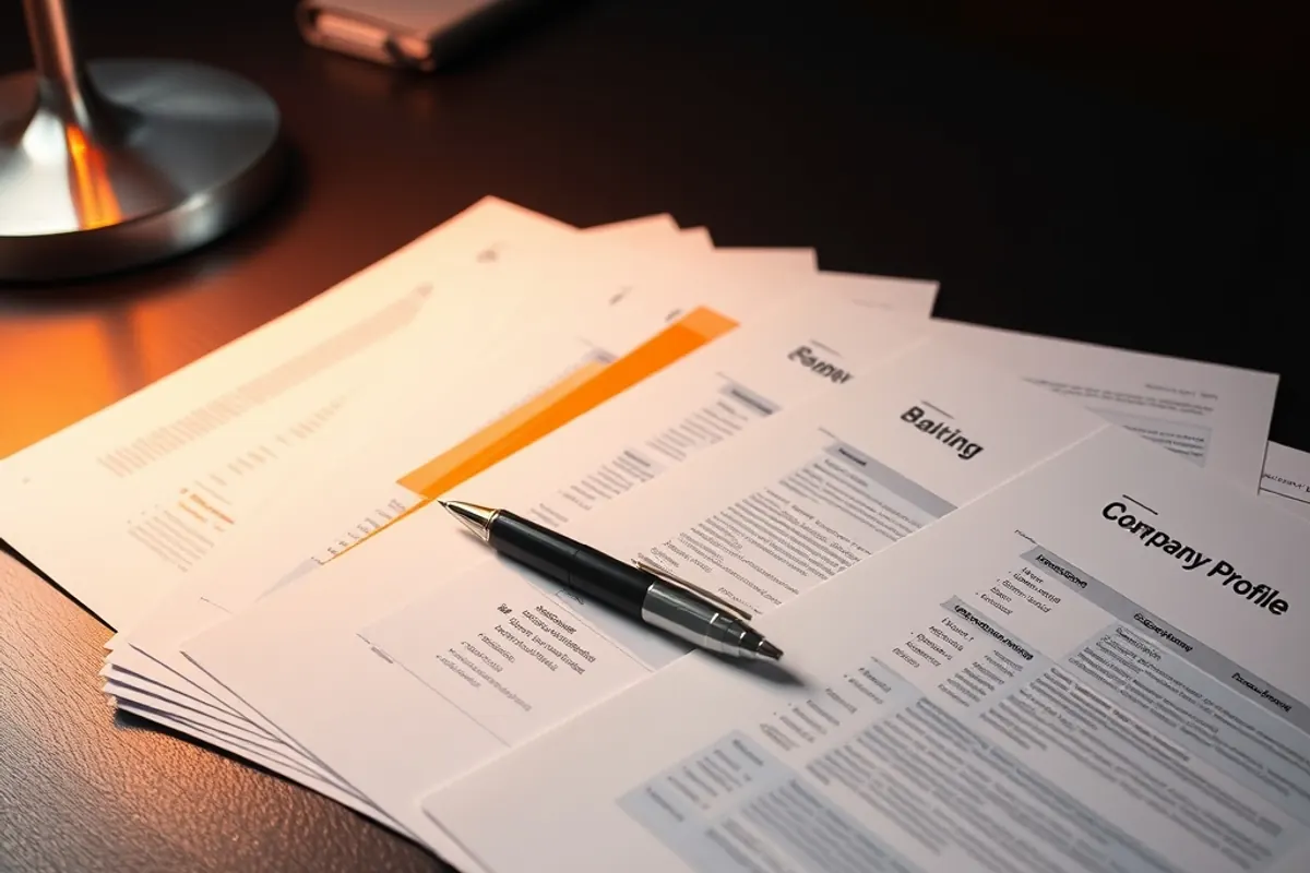Printed company profiles fanned across a dark desk, one marked with an orange highlighter