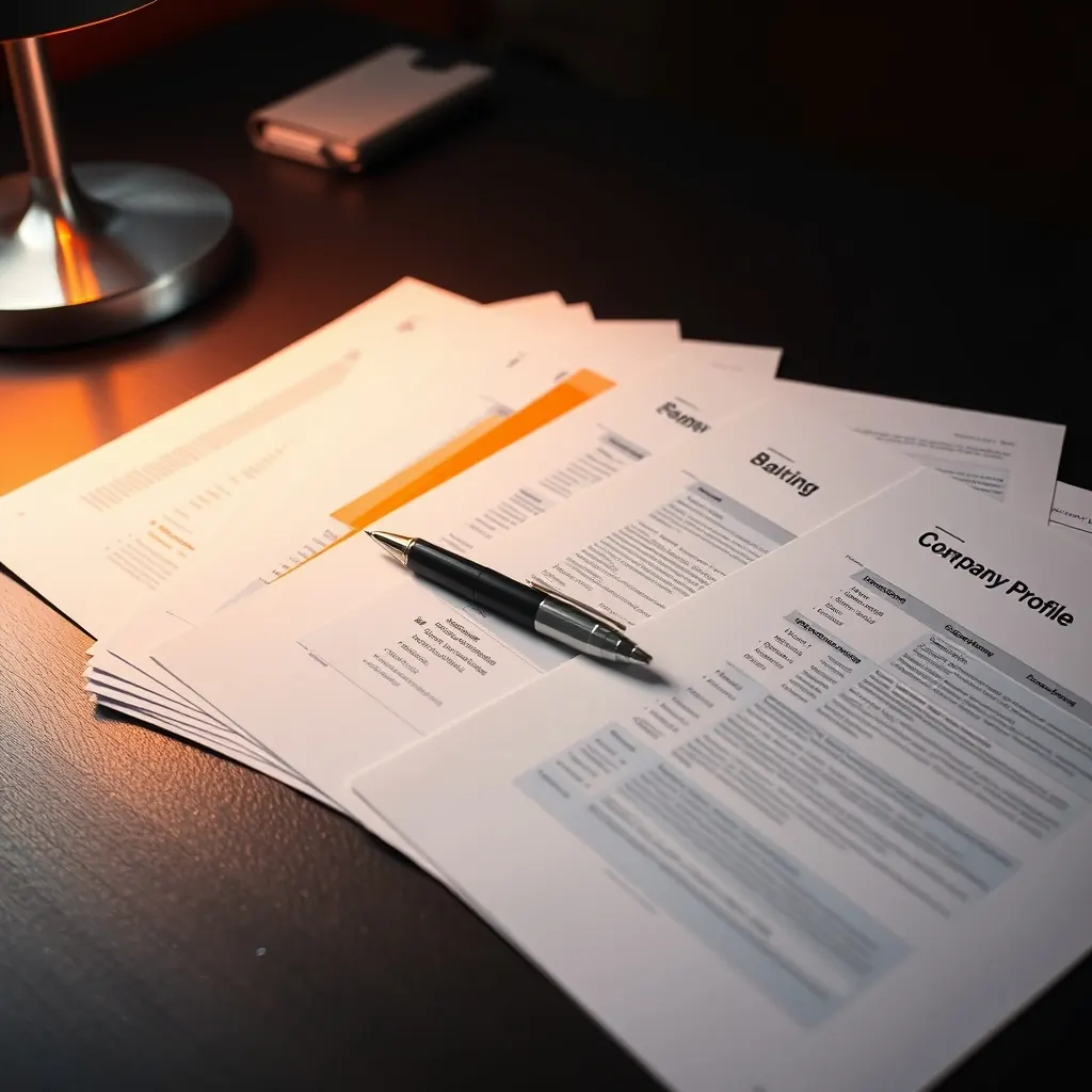 Printed company profiles fanned across a dark desk, one marked with an orange highlighter