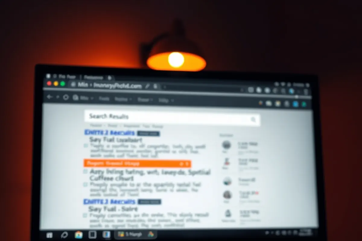 Monitor in a dark room showing a search results page with one result highlighted in orange