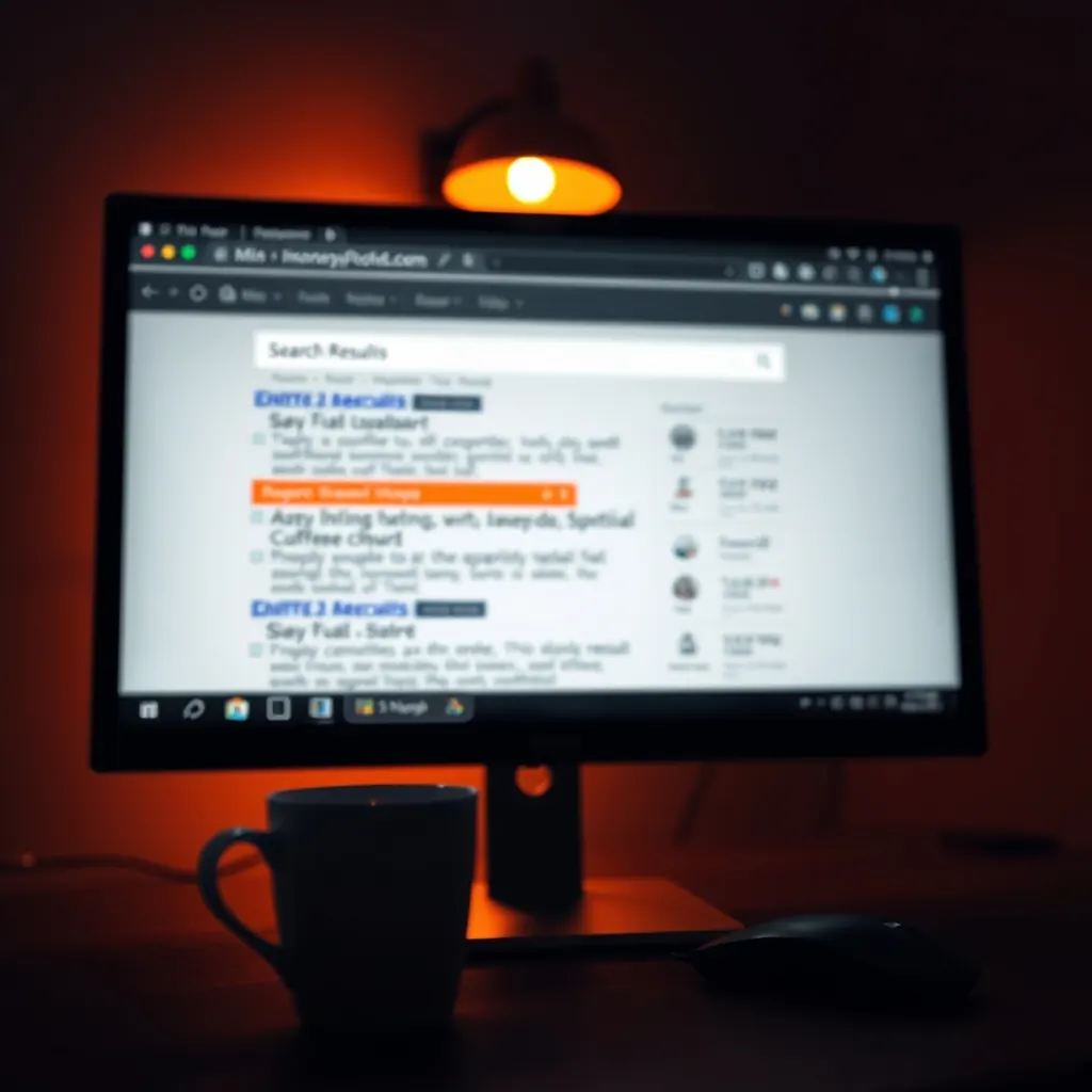 Monitor in a dark room showing a search results page with one result highlighted in orange