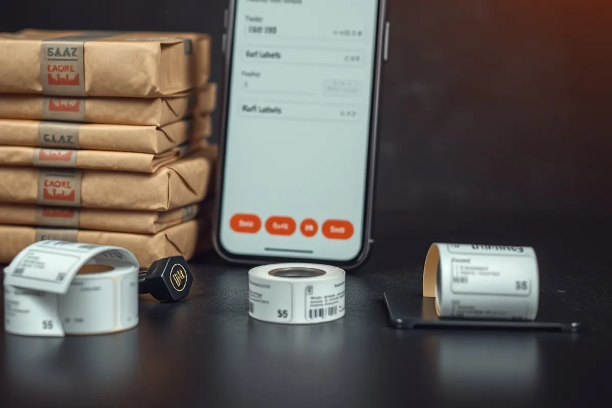 Phone showing a checkout screen propped against kraft parcels and shipping labels