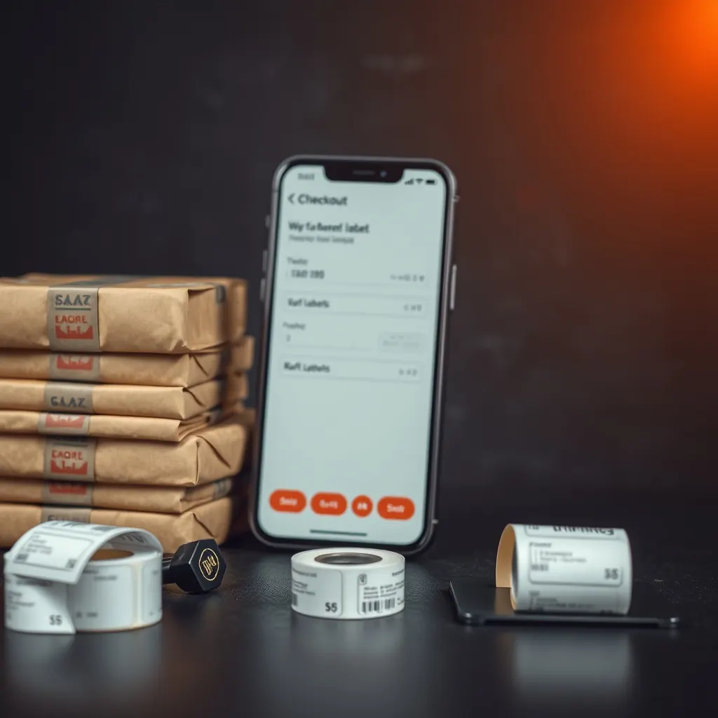 Phone showing a checkout screen propped against kraft parcels and shipping labels