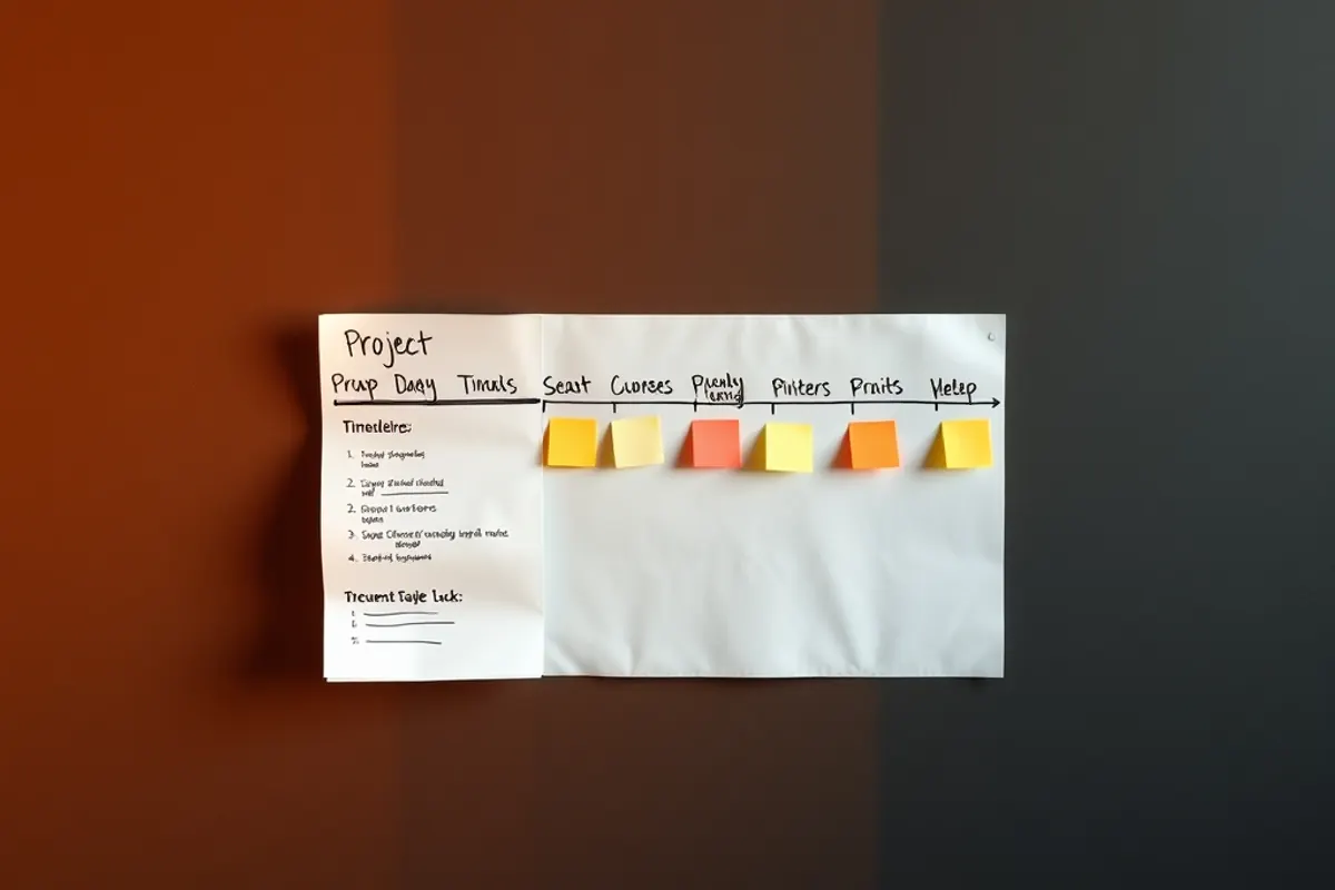 Project timeline drawn on paper with coloured sticky notes across a dark studio wall