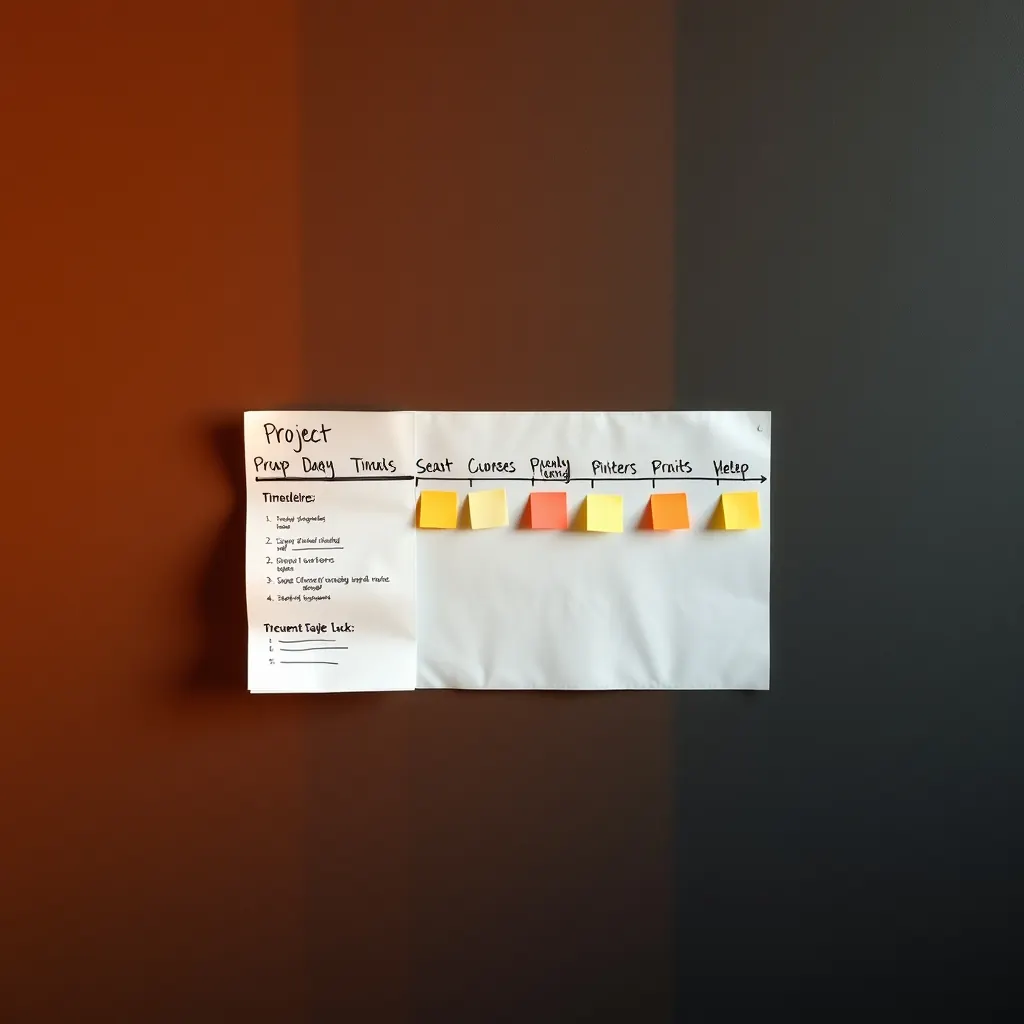 Project timeline drawn on paper with coloured sticky notes across a dark studio wall