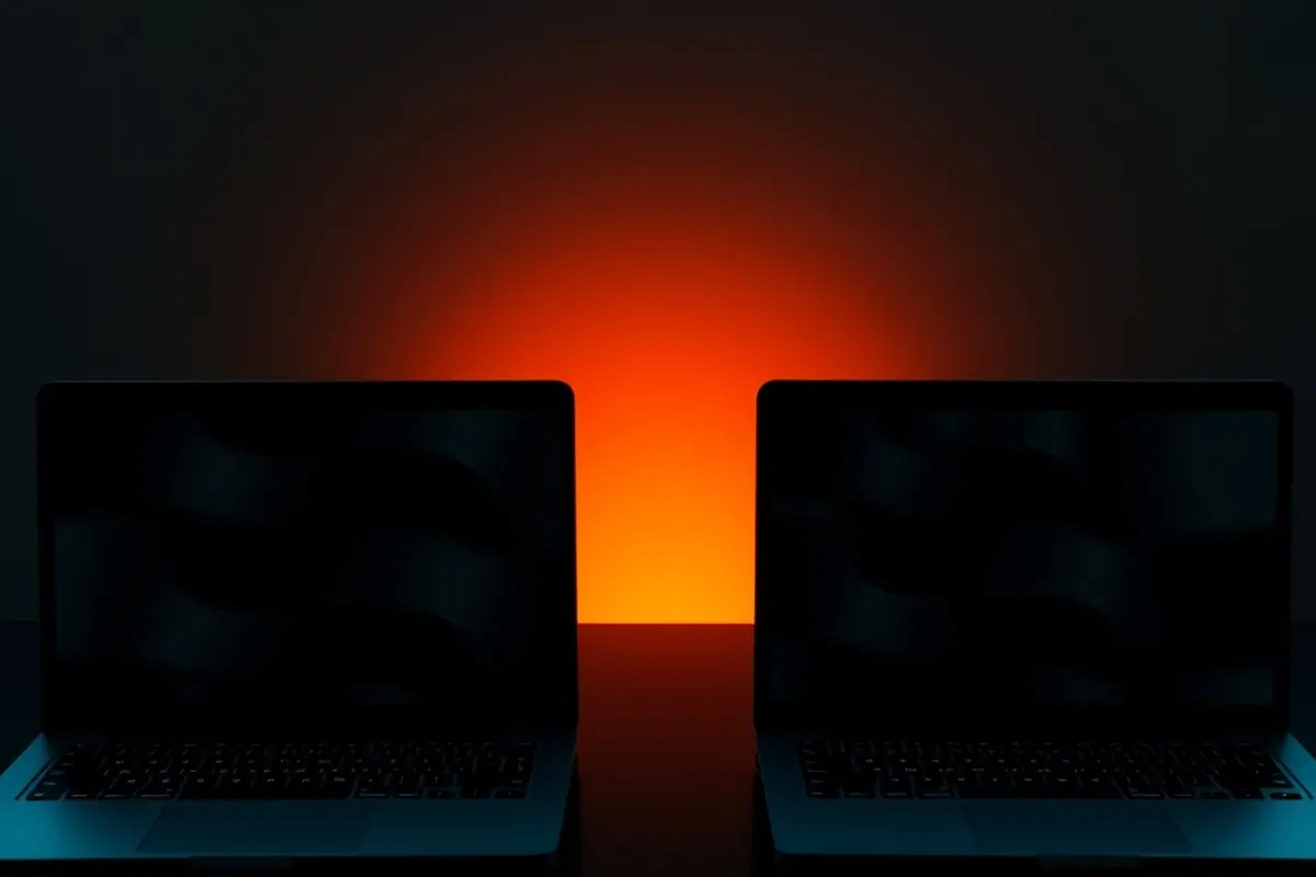 Two laptops facing each other on a dark table lit from between them
