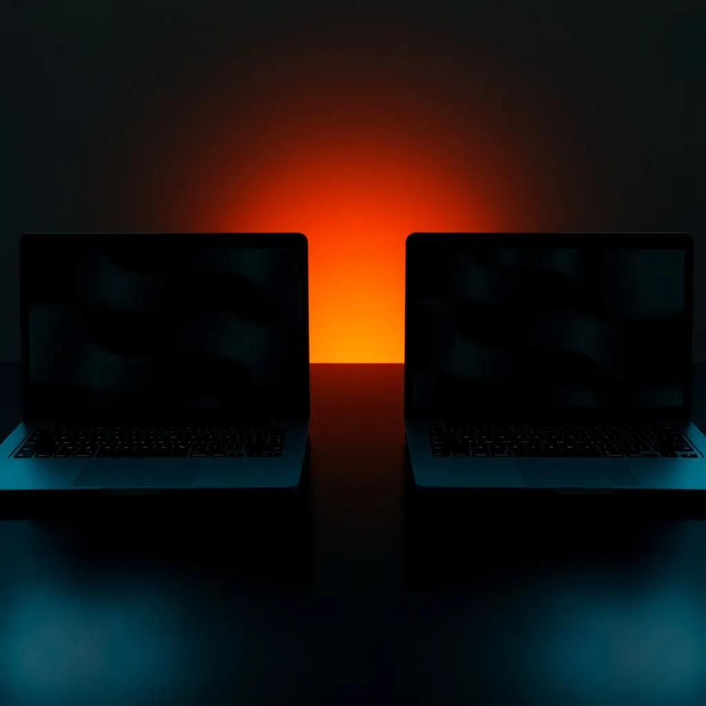 Two laptops facing each other on a dark table lit from between them