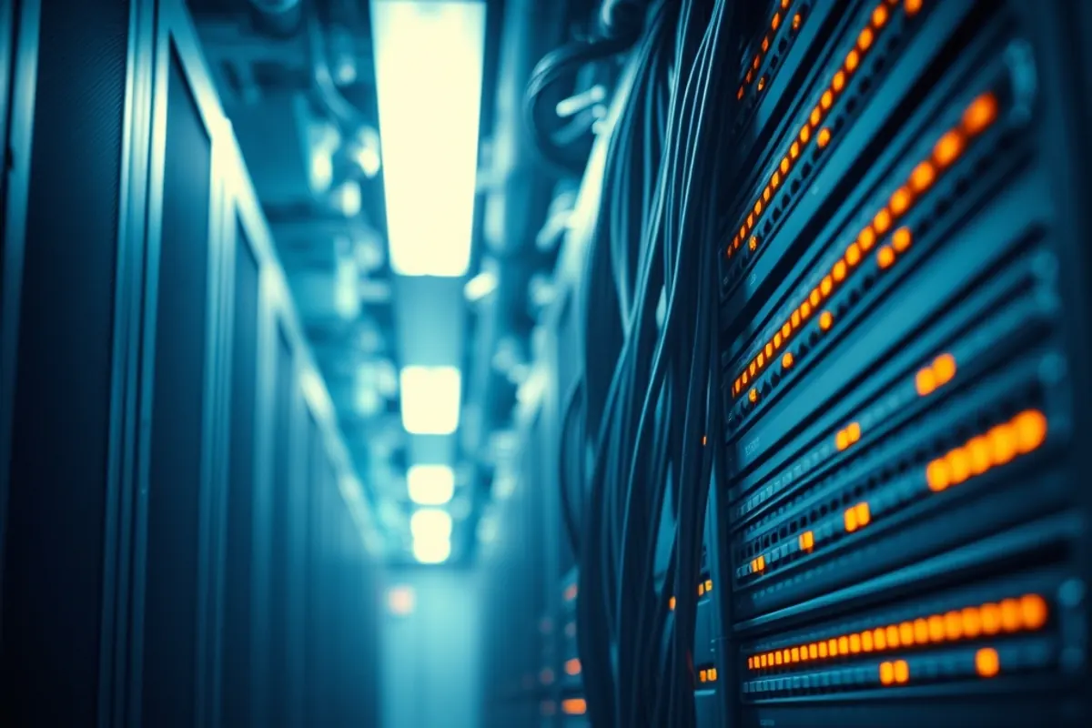 Server rack aisle with amber status lights and neatly bundled network cabling