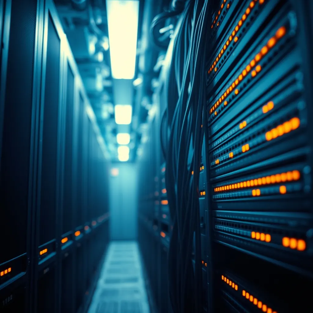 Server rack aisle with amber status lights and neatly bundled network cabling