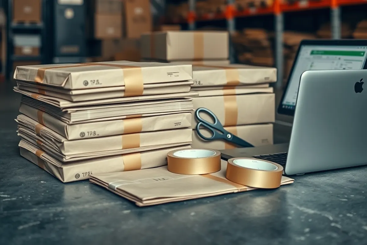 Order packing station stacked with kraft parcels beside a laptop showing an order list