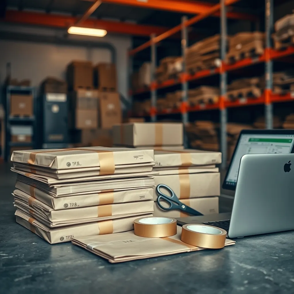 Order packing station stacked with kraft parcels beside a laptop showing an order list