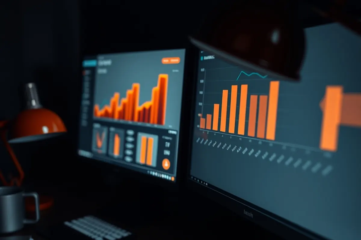 Two monitors showing campaign performance charts beside a notepad of budget figures