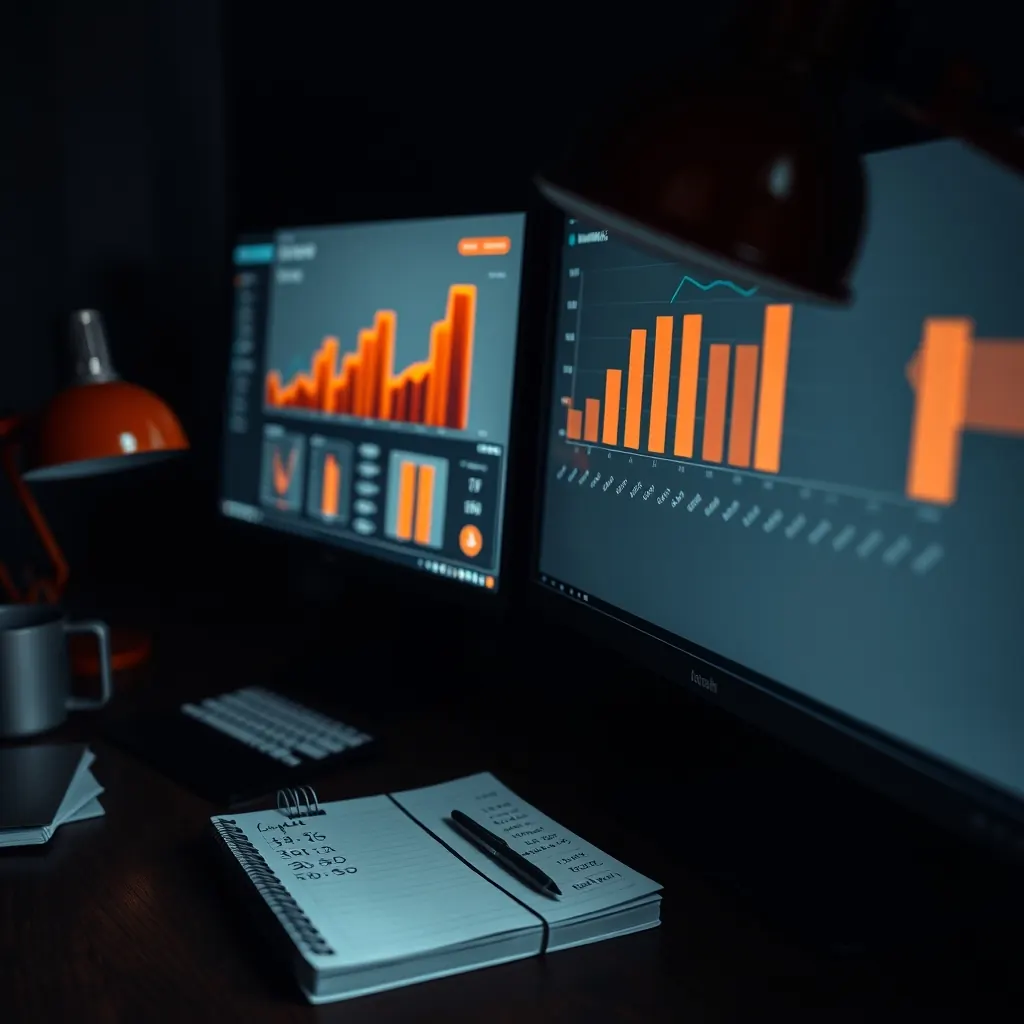 Two monitors showing campaign performance charts beside a notepad of budget figures