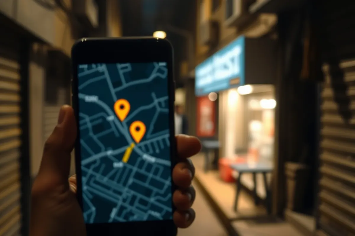 Phone showing a map with a location pin held in front of a lit shopfront at night