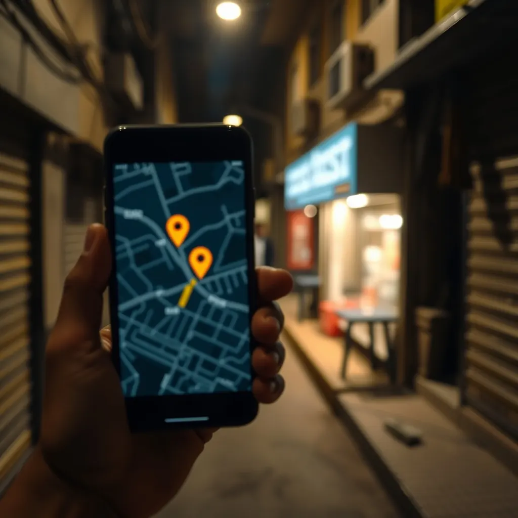 Phone showing a map with a location pin held in front of a lit shopfront at night