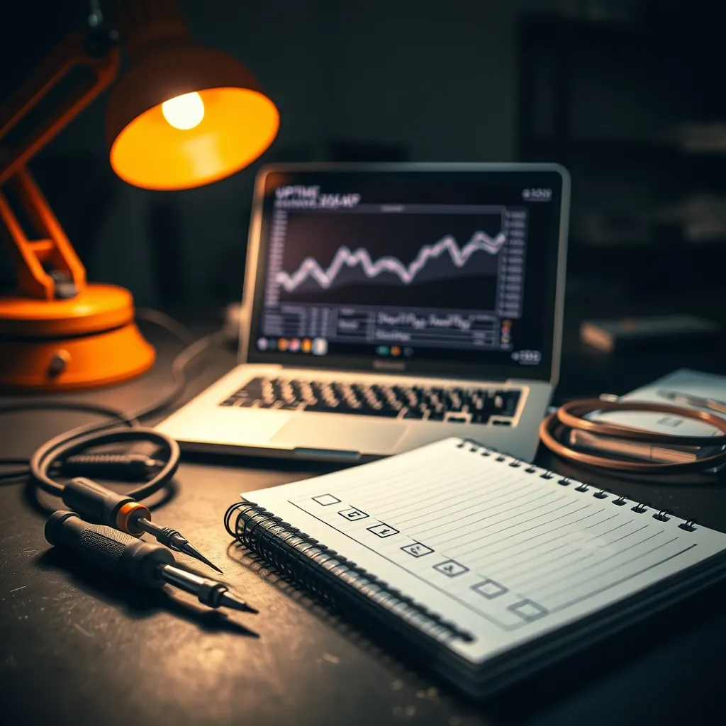 Maintenance desk with a laptop showing an uptime graph, tools and a ticked checklist