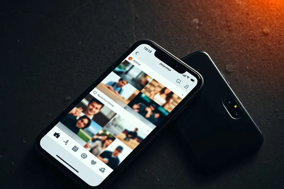 Smartphone on a dark surface showing a vertical social media feed