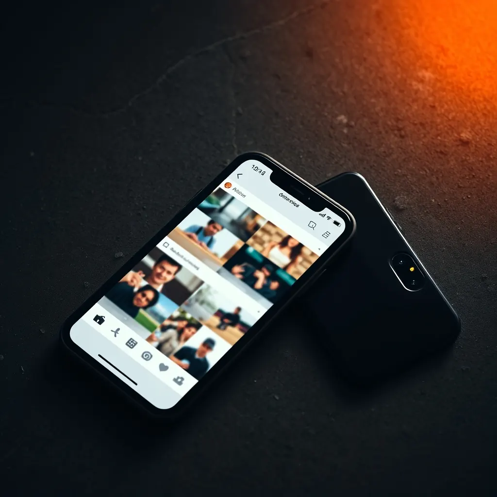Smartphone on a dark surface showing a vertical social media feed