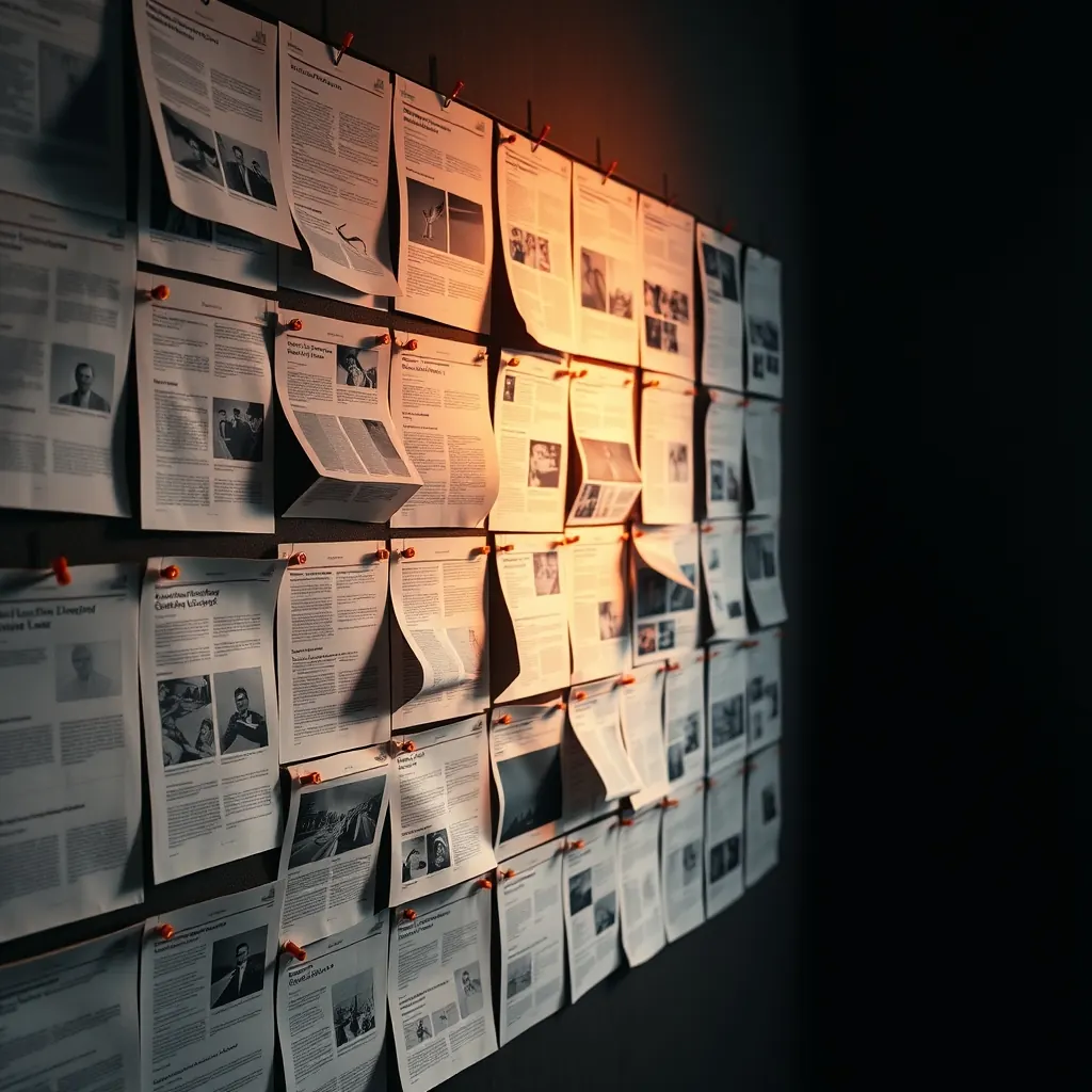Printed website page layouts pinned across a dark studio wall under warm light