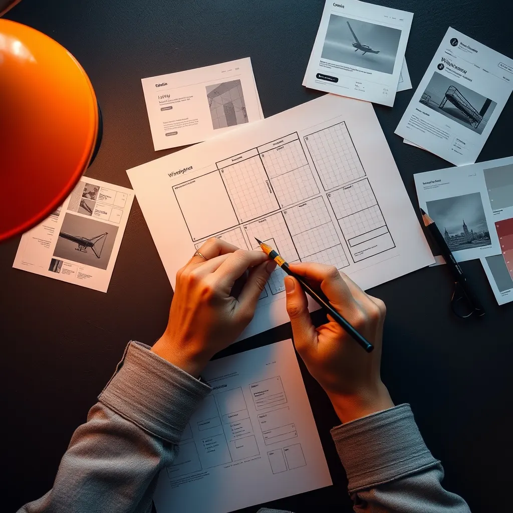 Website wireframes being sketched by hand on gridded paper beside printed layout thumbnails