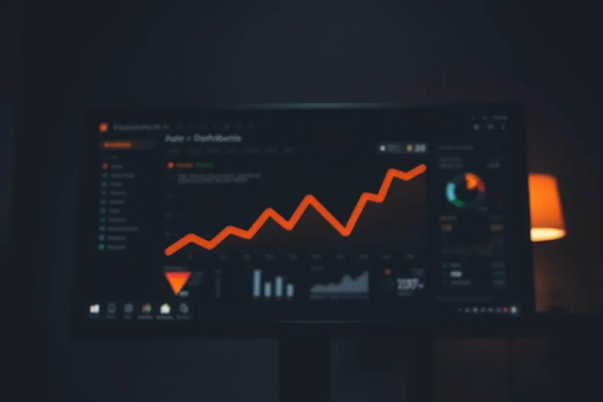 Wide monitor in a dark room showing a rising analytics graph