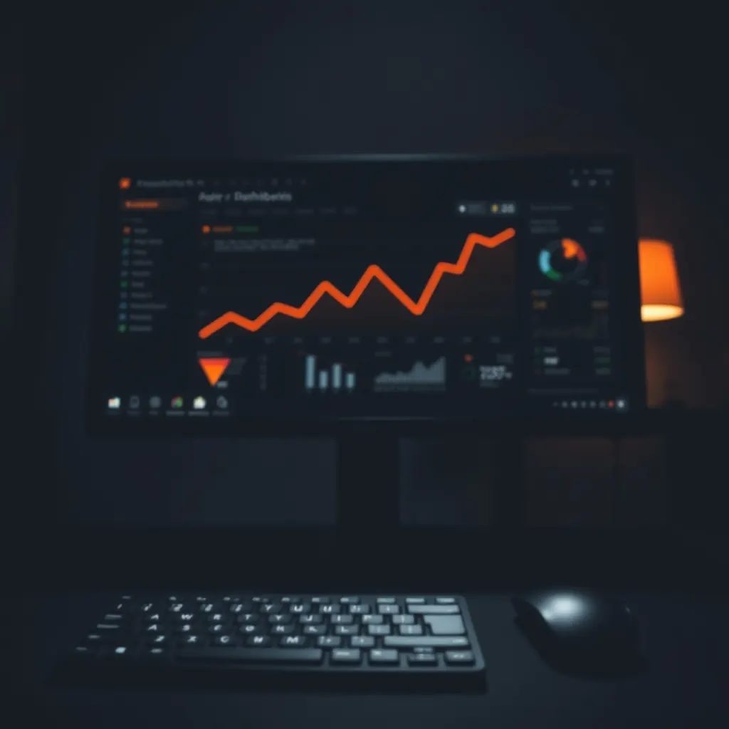 Wide monitor in a dark room showing a rising analytics graph