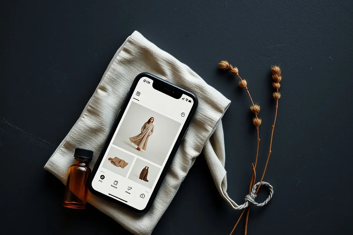 Dark product flat lay with a phone showing a minimal online store product page