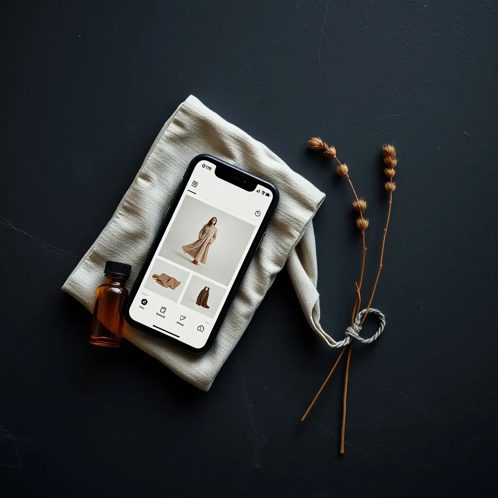 Dark product flat lay with a phone showing a minimal online store product page