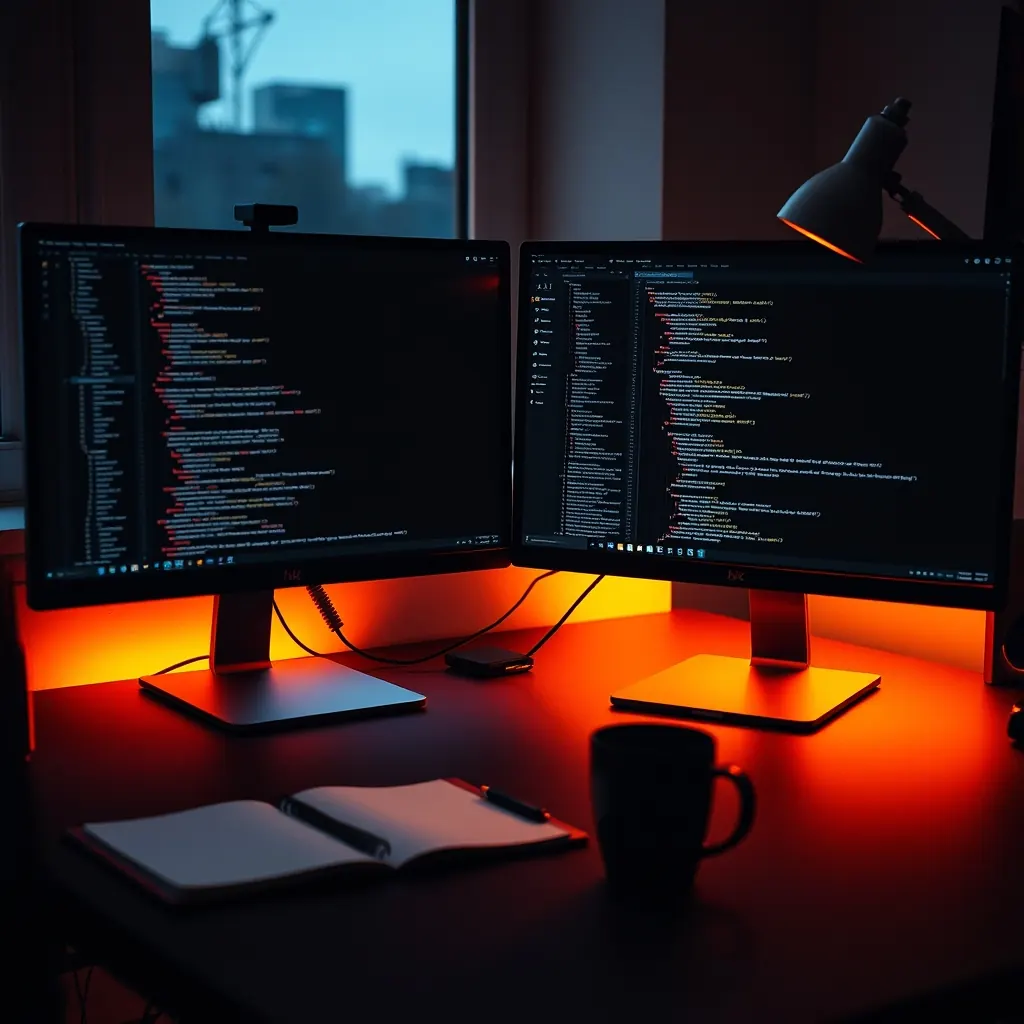 Concotech studio desk at dusk: two monitors showing dark-mode website layouts and code