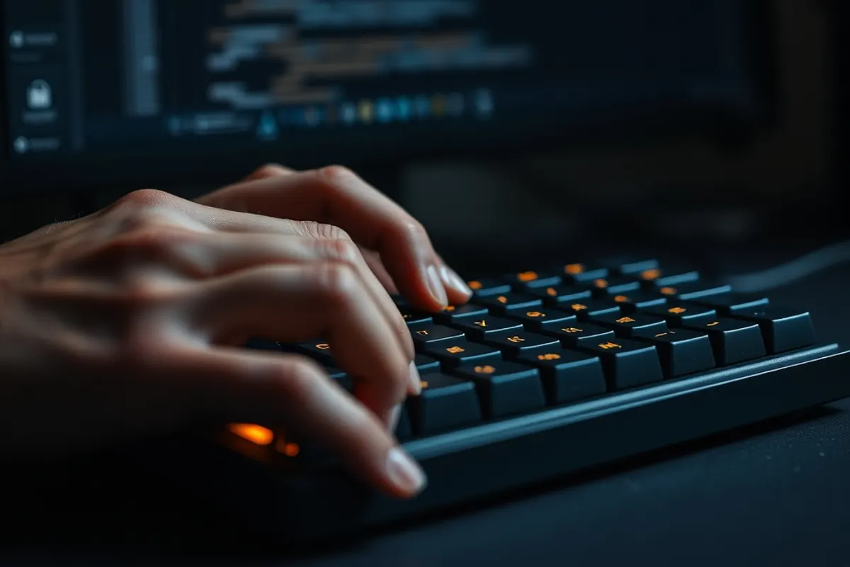 Hands typing on a backlit keyboard beside a dark-mode code editor in a web development studio