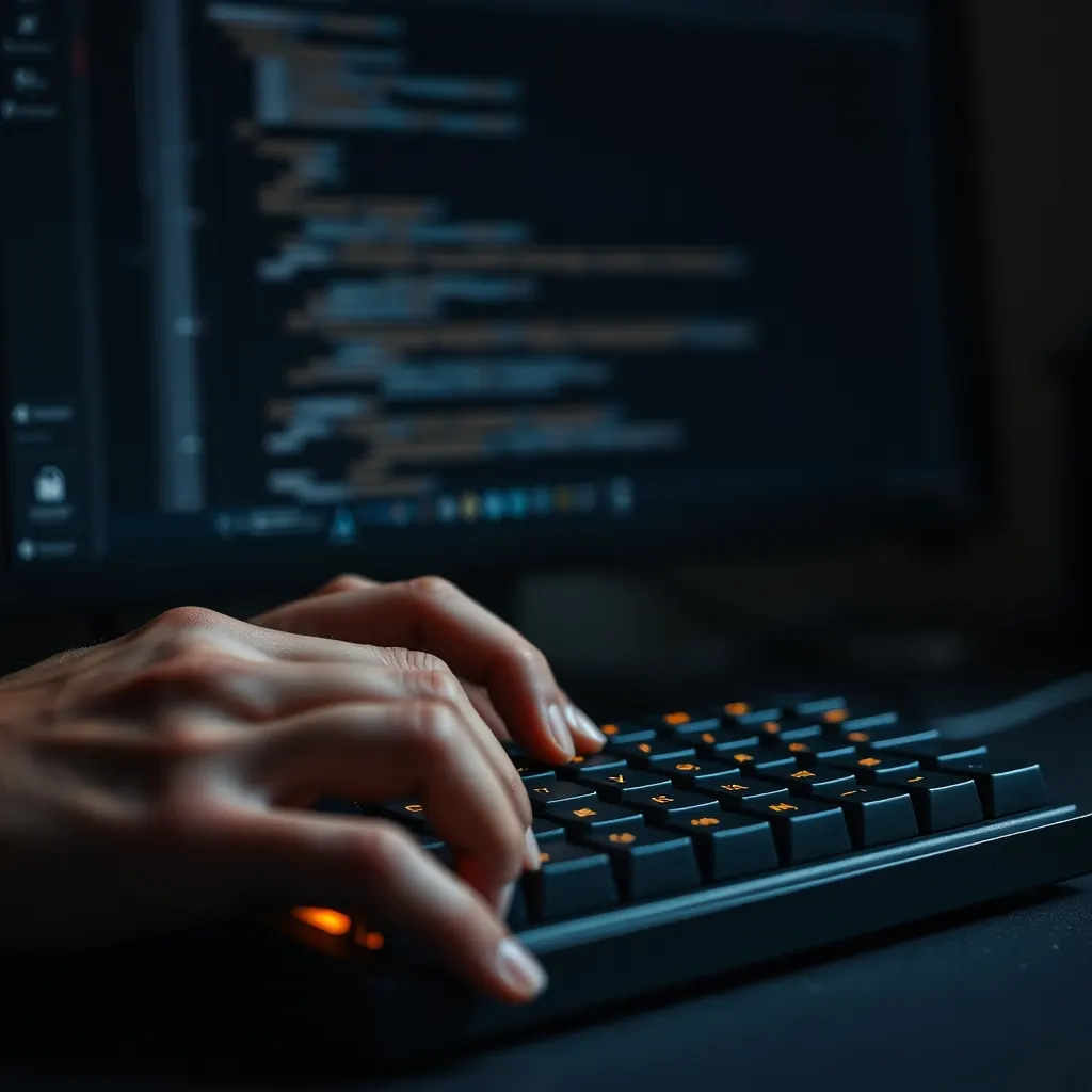 Hands typing on a backlit keyboard beside a dark-mode code editor in a web development studio