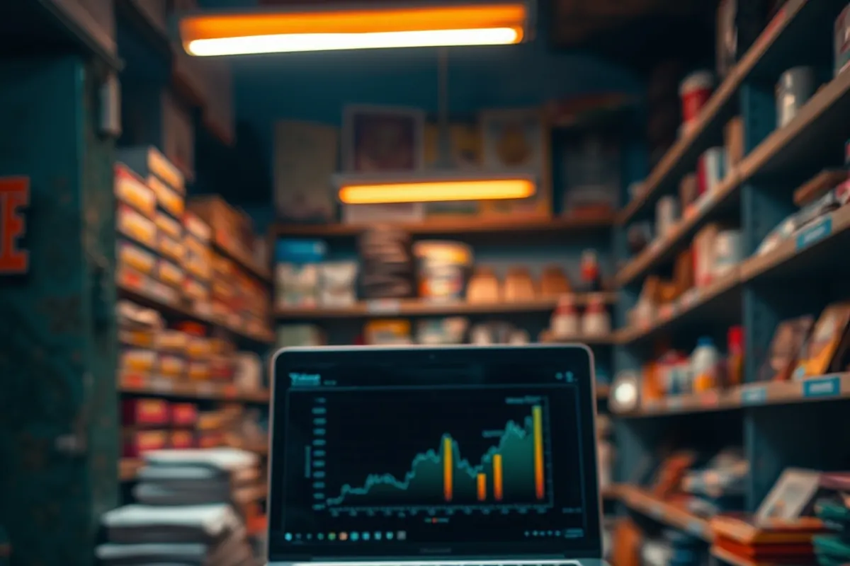 Shop counter at night with a laptop showing sales figures beside a ledger book