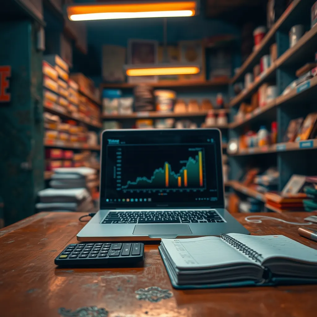 Shop counter at night with a laptop showing sales figures beside a ledger book