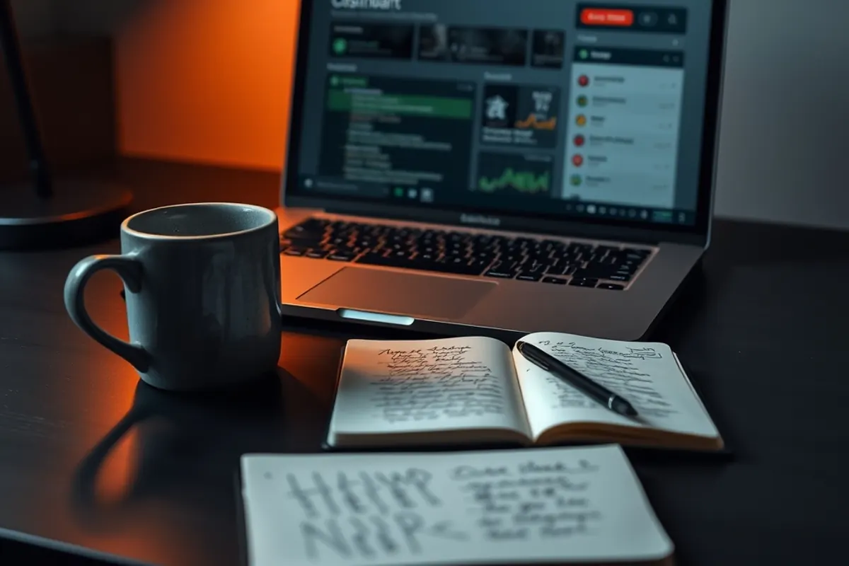 Laptop on a dark desk showing a website content management dashboard