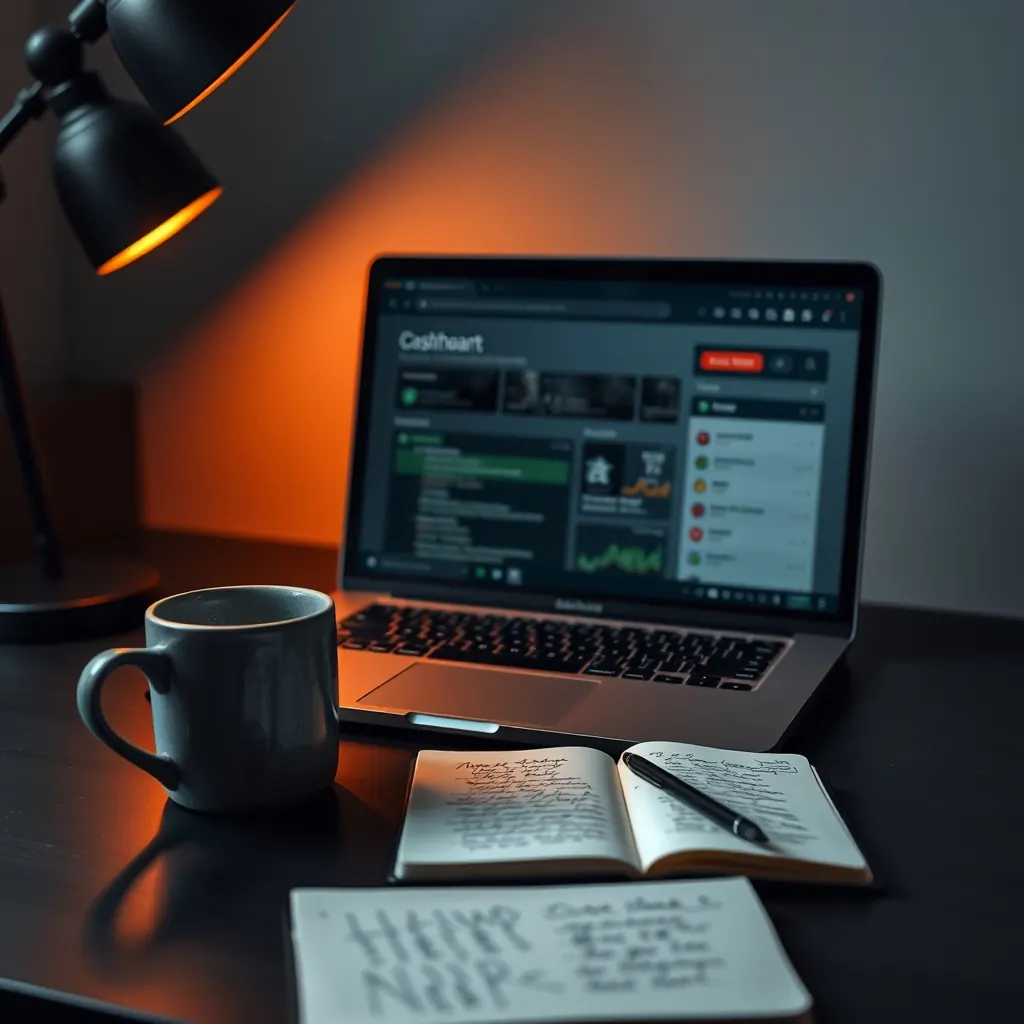 Laptop on a dark desk showing a website content management dashboard