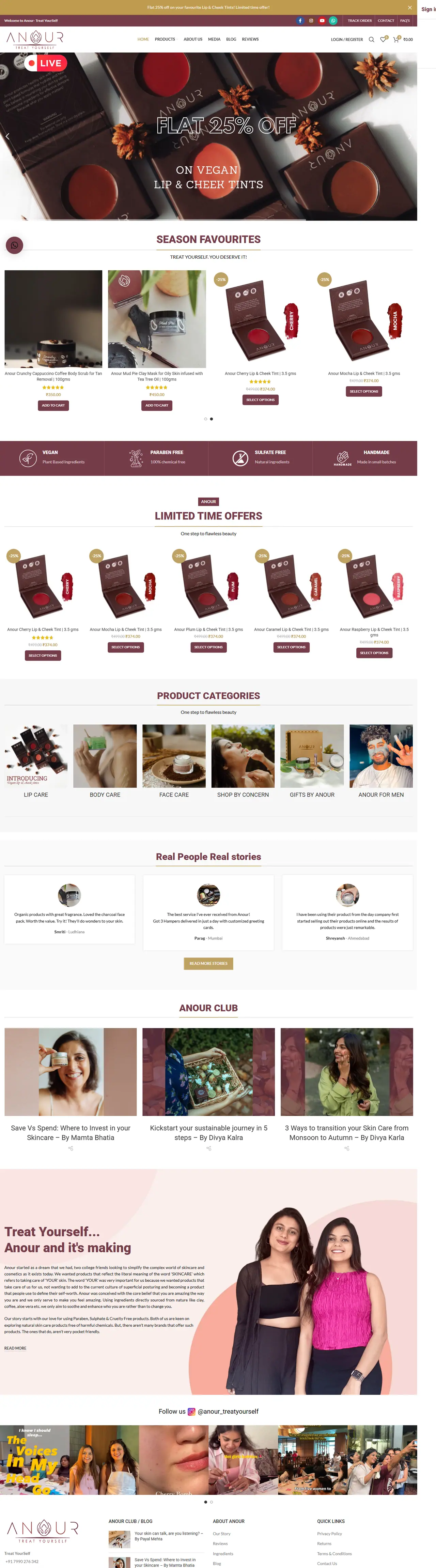 Full homepage of the Anour website, d2c brand in India, designed and built by Concotech