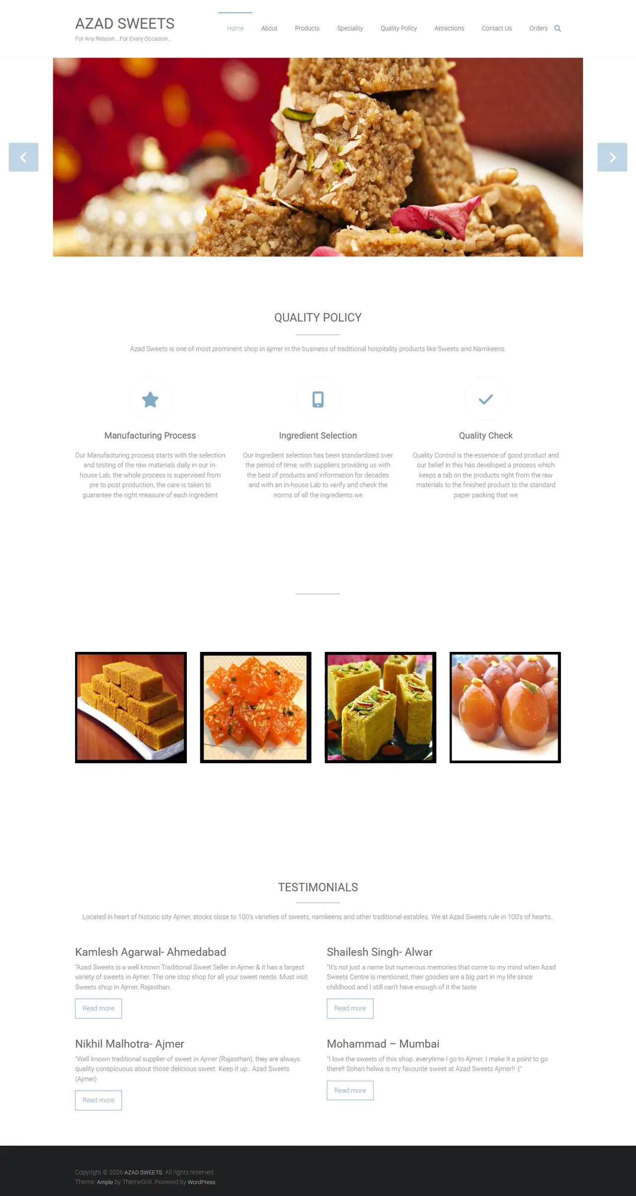 Full homepage of the Azad Sweets & Restaurant website, food & beverage in India, designed and built by Concotech