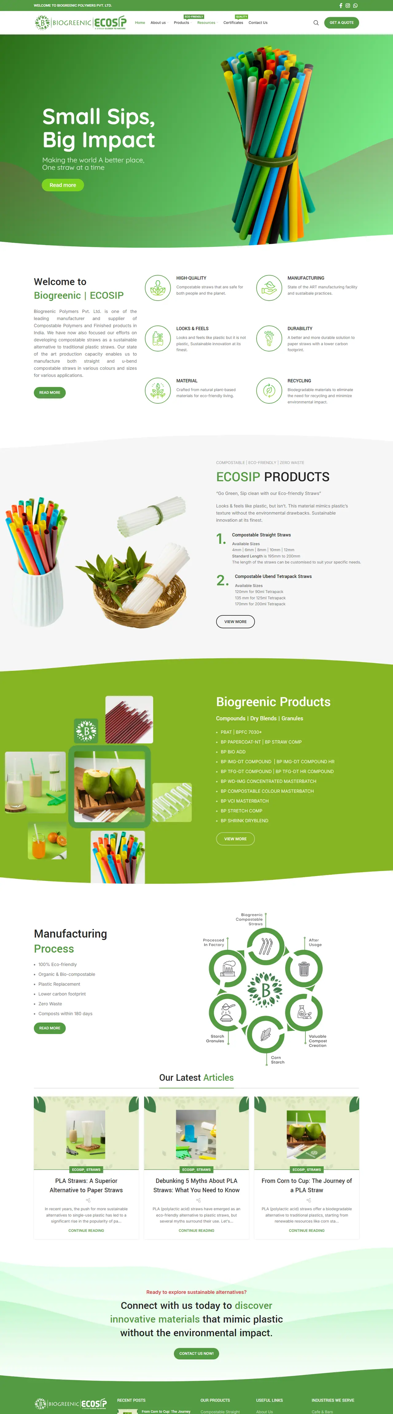 Full homepage of the Biogreenic website, eco-friendly products in India, designed and built by Concotech