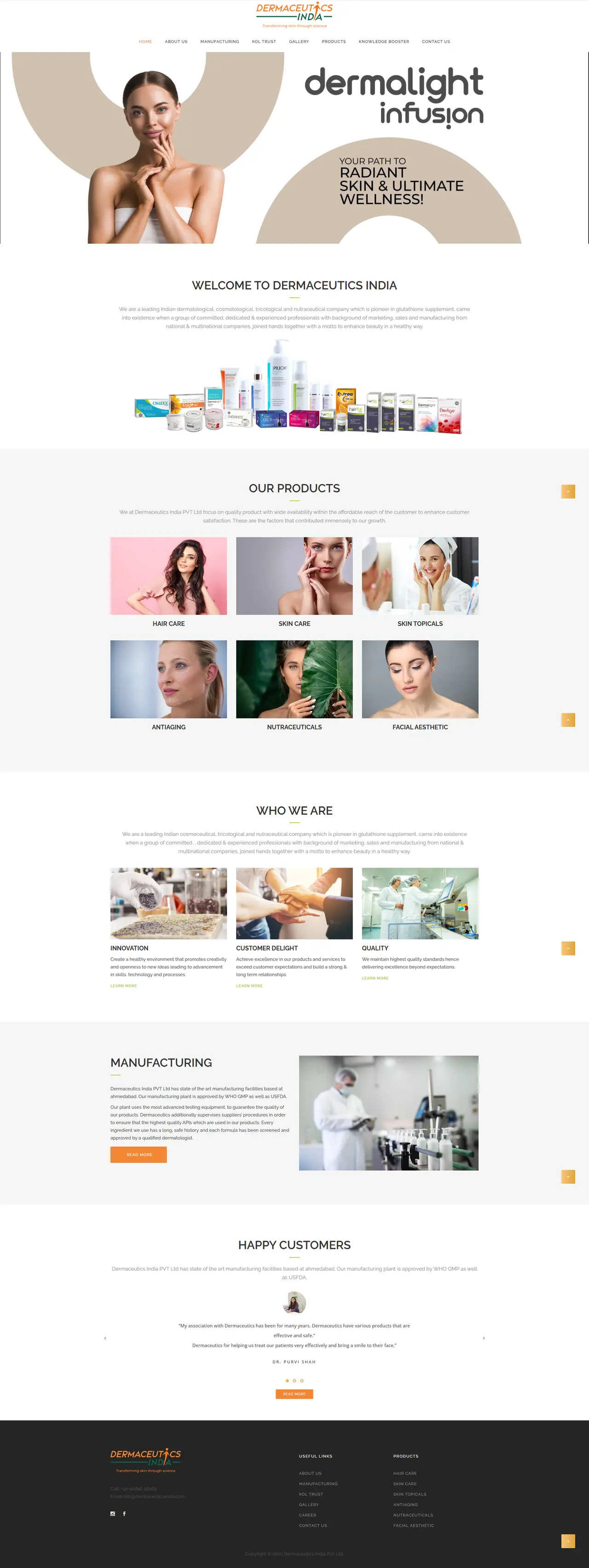 Full homepage of the Dermaceutics India website, dermatology & pharma in India, designed and built by Concotech