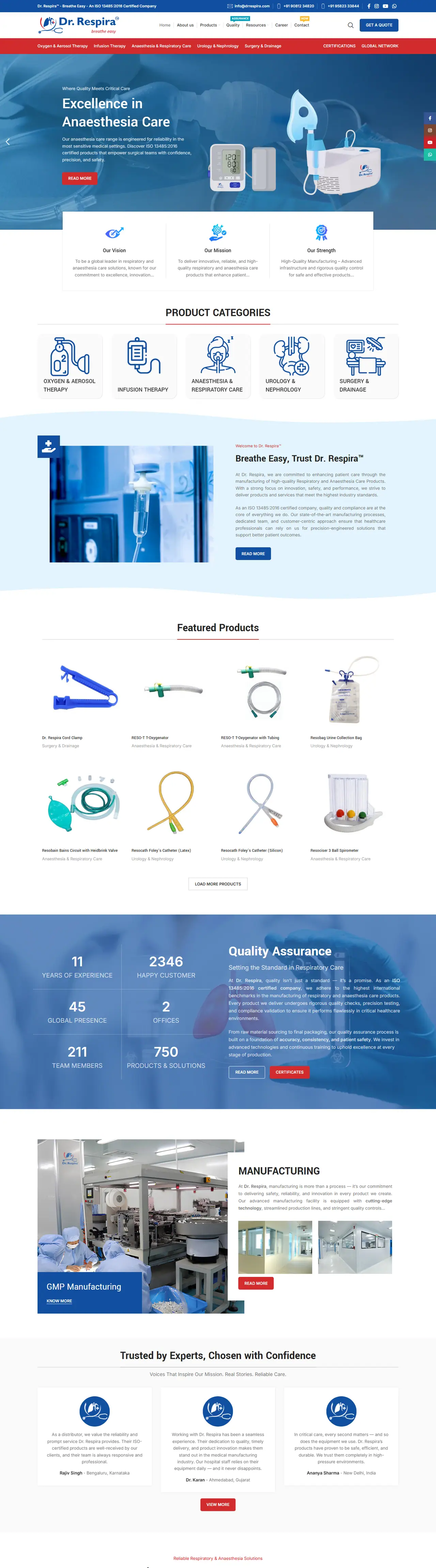 Full homepage of the Dr. Respira Care website, healthcare in India, designed and built by Concotech