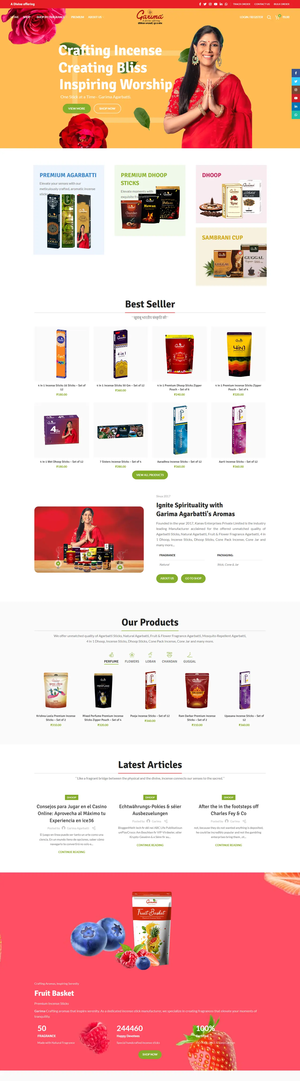 Full homepage of the Garima Agarbatti website, manufacturing in India, designed and built by Concotech
