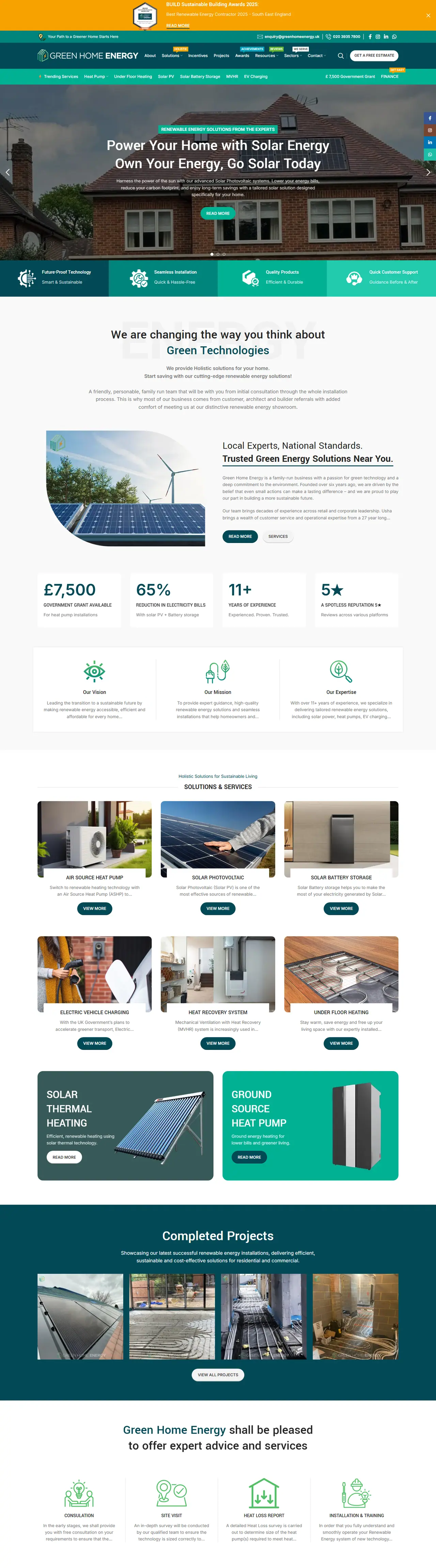 Full homepage of the Green Home Energy website, renewable energy in United Kingdom, designed and built by Concotech