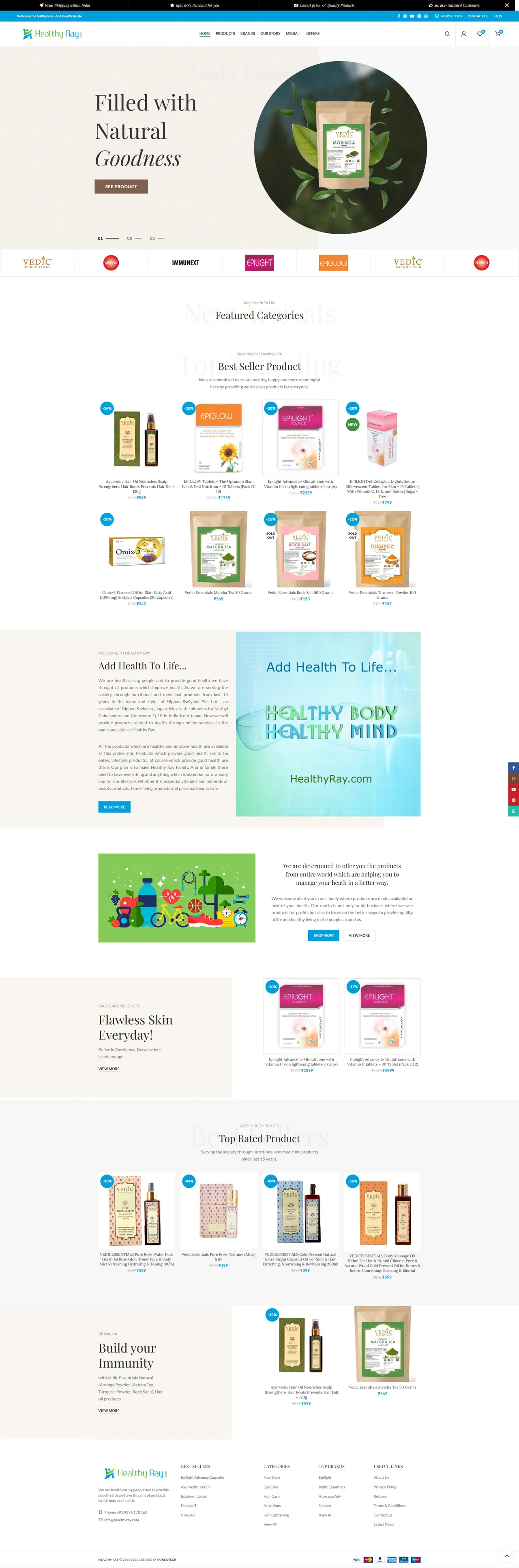 Full homepage of the Healthyray website, ayurvedic products in India, designed and built by Concotech