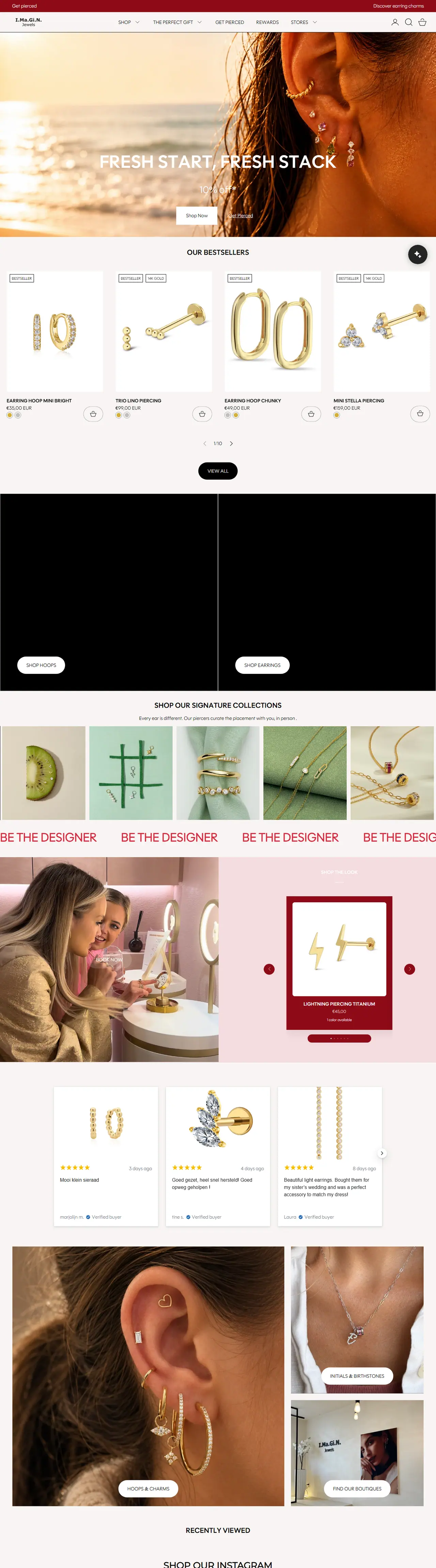 Full homepage of the I.Ma.Gi.N. Jewels website, jewellery in Europe, designed and built by Concotech