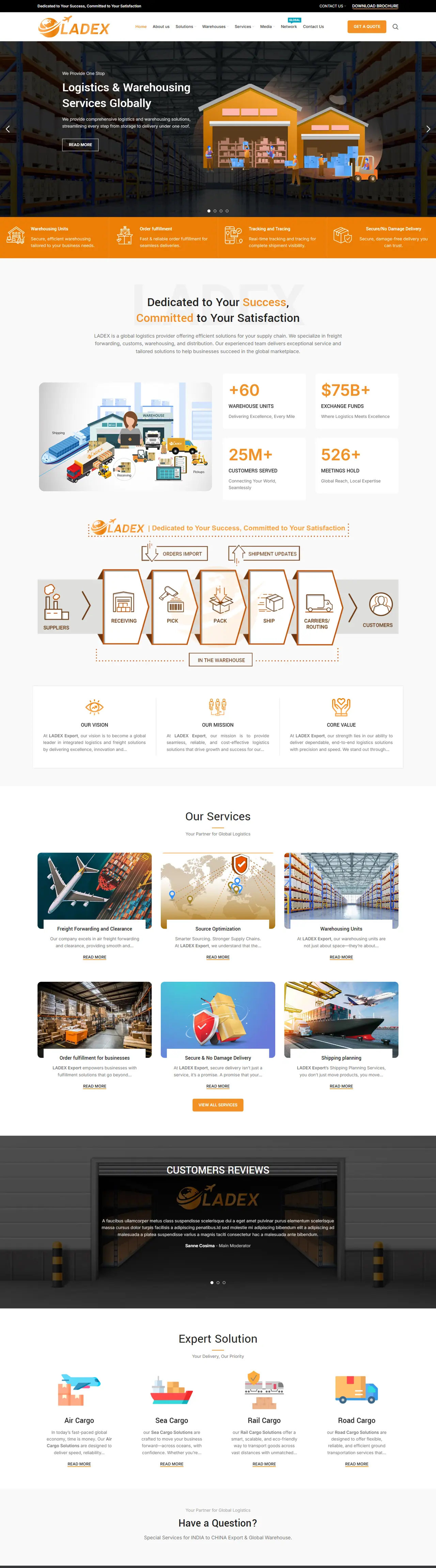 Full homepage of the Ladex Export website, export in India, designed and built by Concotech